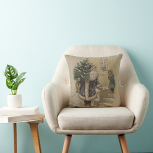 Coussin Père Noël Vintage Neige Arbre de Noël
