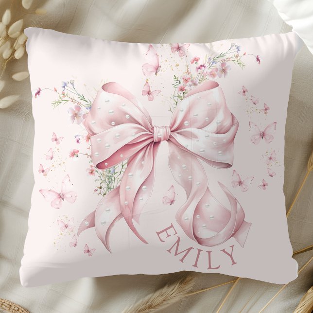 Coussin Perles de Bow rose Coquette Girly (Elegant Pink Bow Pearls and Floral Girly Pillow)