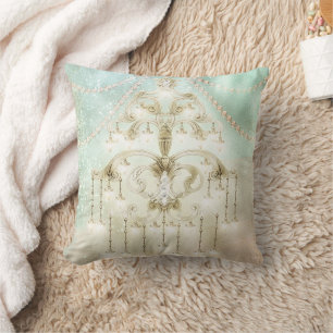 Coussin Perles de lustre vert rustique Monogramme Vintage