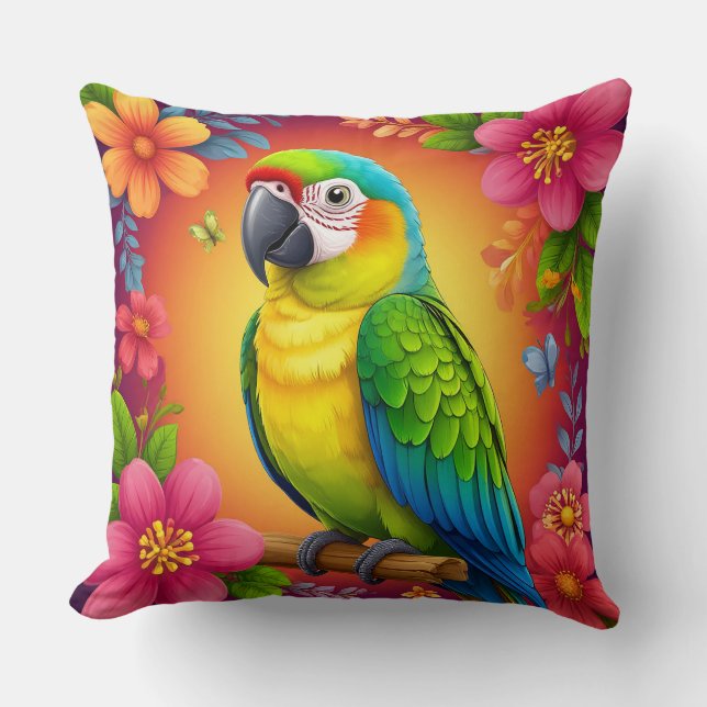 Coussin Perroquet vibrant perché sur une branche (Recto)