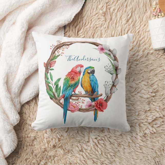 Coussin Perroquets Macaw Personnalisés Oiseaux Floral Colo (Couverture)
