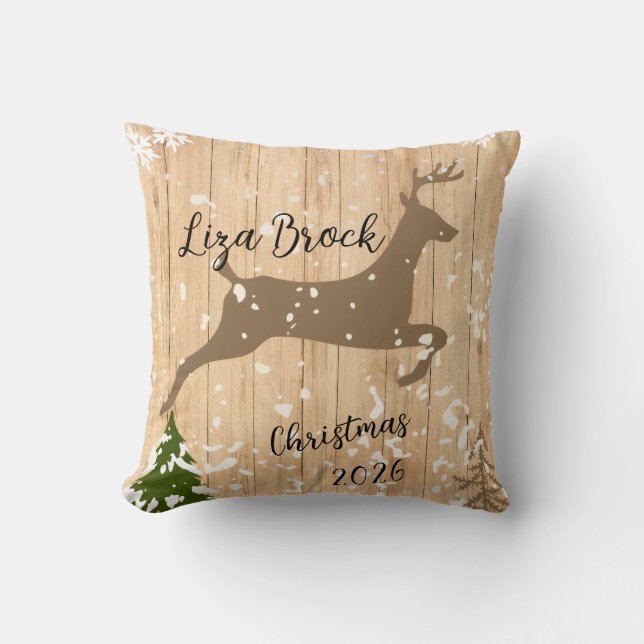 Coussin Personalized doe Christmas bauble wooden backgroun (Recto)