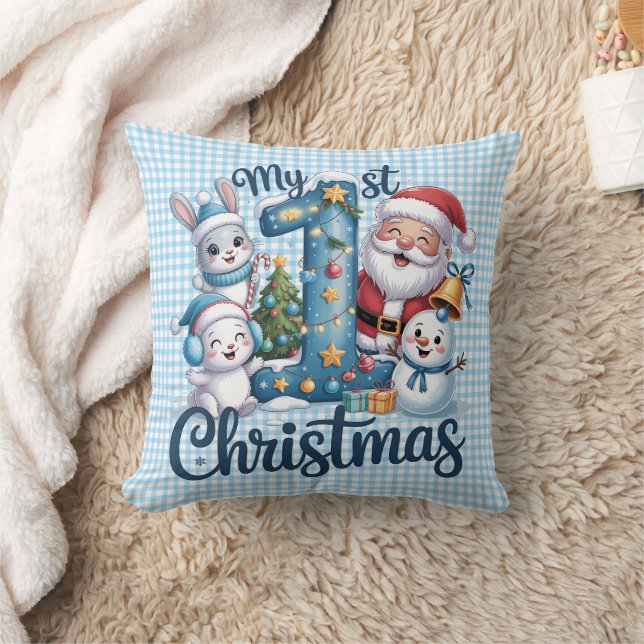 Coussin Personalized My 1st Christmas Blue & White Checker (Couverture)
