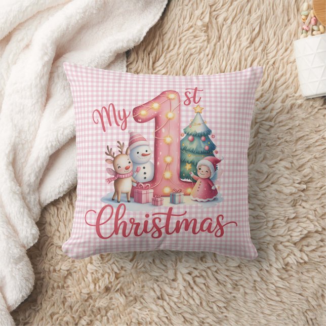 Coussin Personalized My 1st Christmas Pink & White Checker (Couverture)