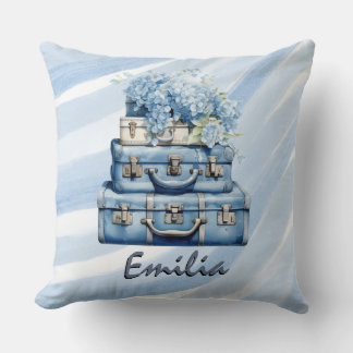 Coussin Personalized pillow Vintage suitcases Blue hydrang