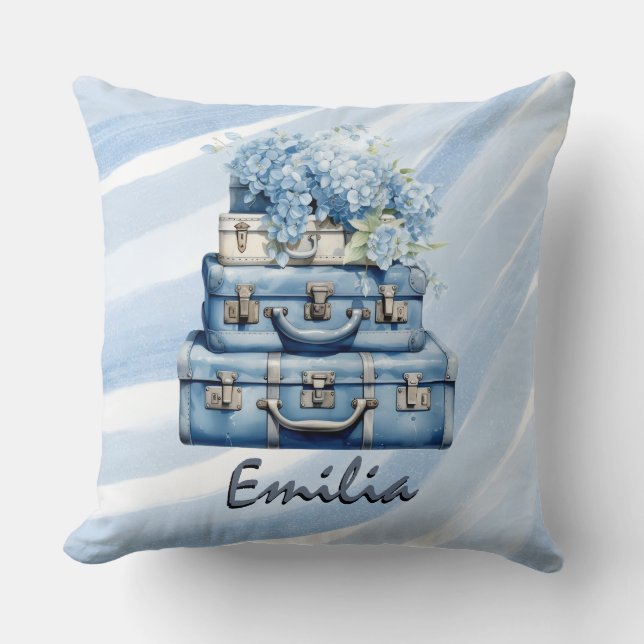 Coussin Personalized pillow Vintage suitcases Blue hydrang (Recto)