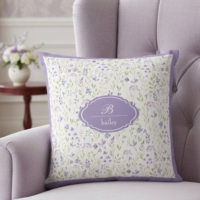 Coussin Personalized Purple Wildflower Monogram (purple wildflower floral throw pillow with custom monogram initial and name in script typography)