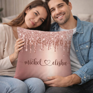 Coussin Personalized Rose Gold Glitter Drip Couple Names