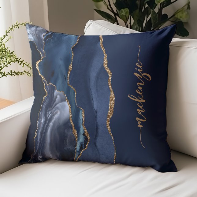 Coussin Personalized Signature Navy Blue Gold Agate (Créateur téléchargé)