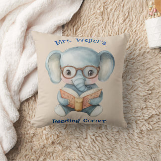 Coussin Personalized Teacher Watercolor Elephant Reading