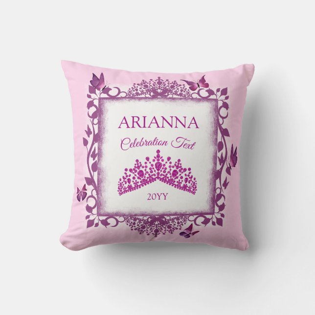 Coussin Personalized Violet Tiara & Butterflies Keepsake (Recto)