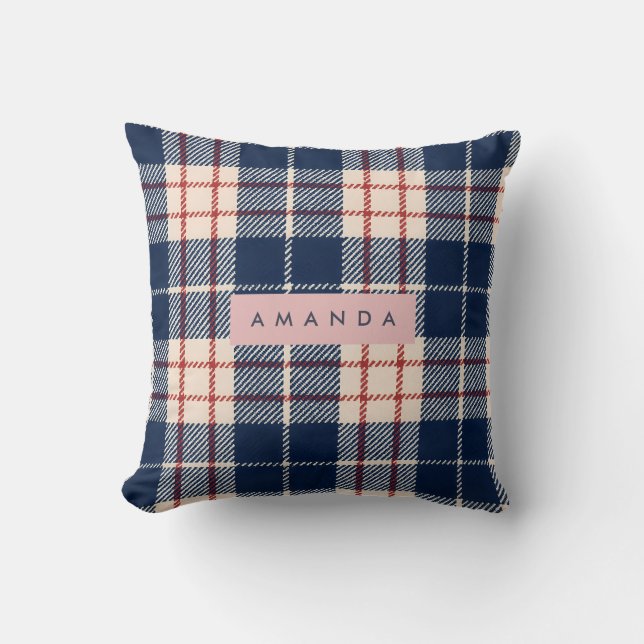 Coussin Personnalisé Carreaux Navy et Rouge Classiques (Recto)