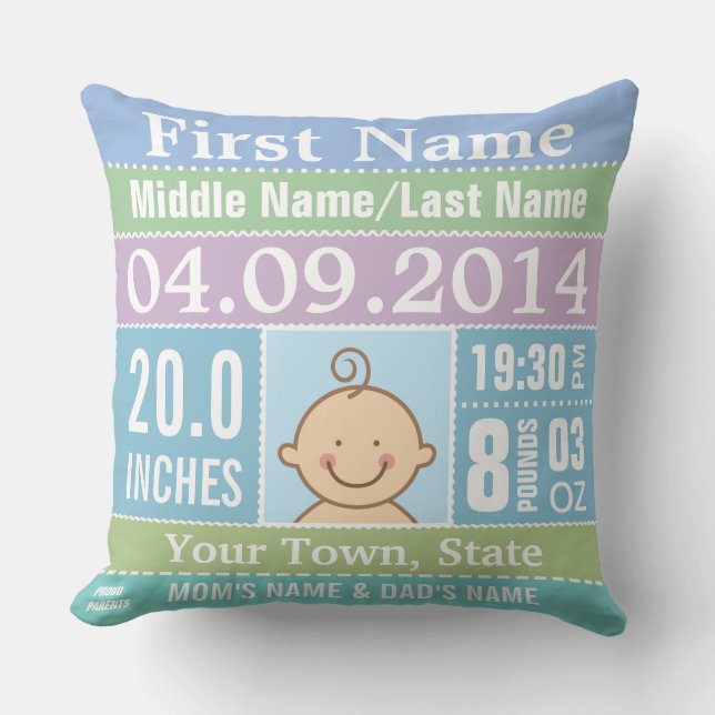 Coussin personnalisé de stat de naissance de bébé (Recto)