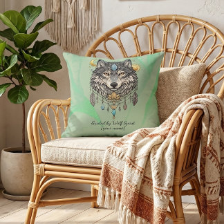 Coussin personnalisé Loup Esprit Vert Sauge Bohème