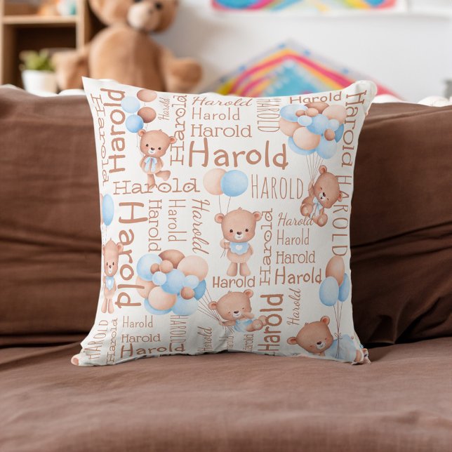 Coussin Personnalisé nom garçon ours en peluche collage ca (Personalized boys name teddy bear collage gifts throw pillow nursery decor baby boy gifts ideas)