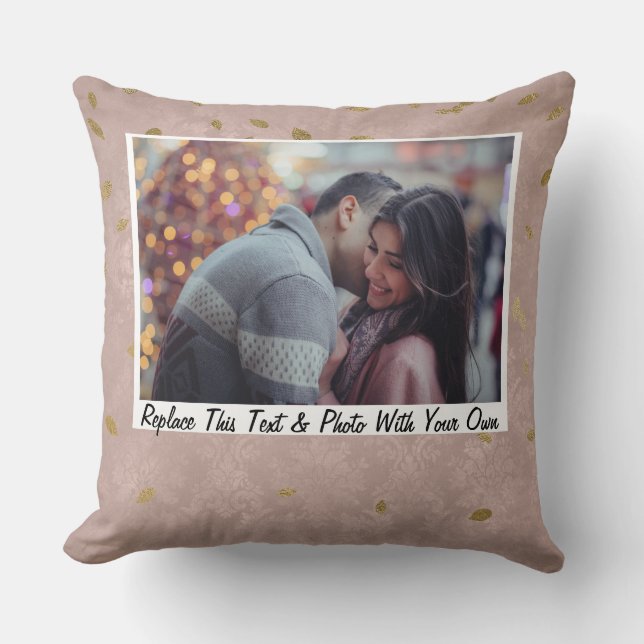 Coussin Personnalisé / Photo & Texte Glam Rose Feuilles or (Recto)
