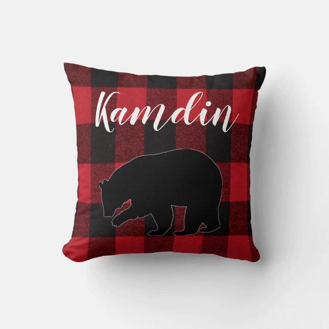 Coussin personnalisé Rouge Buffalo plaqué Ours noi (Recto)