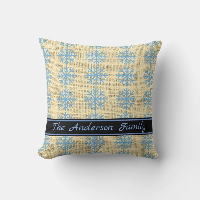 Coussin Personnalisé Rustique Burlap Blue Snowflake Motif (Recto)