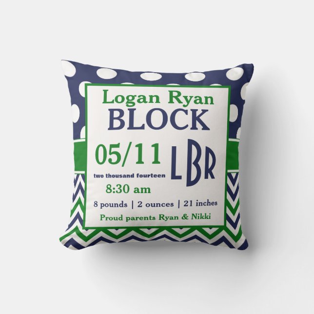 Coussin personnalisé vert-bleu de faire-part de (Recto)