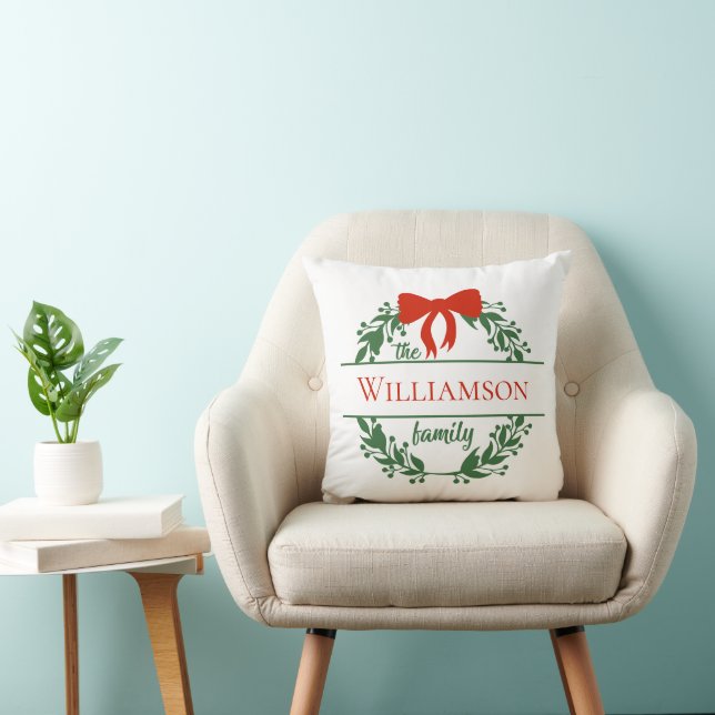 Coussin Personnaliser Red Green Wreath Nom de famille Noël (Chaise)