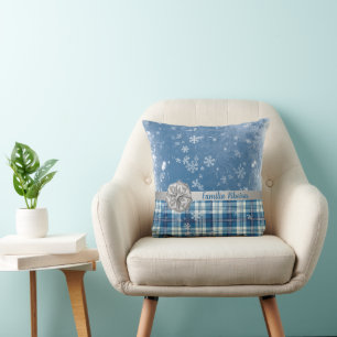 Coussin Personnalisez Noël Élégant Carreaux Bleu