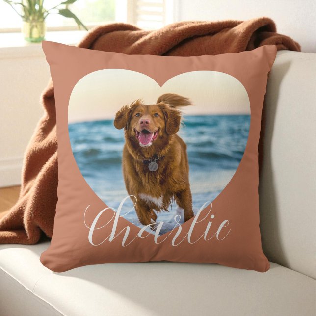 Coussin Pet Photo Script Terracotta Heart Personalized Dog (Pet Photo Script Terracotta Heart Personalized Dog Throw Pillow)