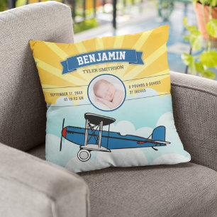Coussin Petit avion bleu pilote bébé photo naissance stats