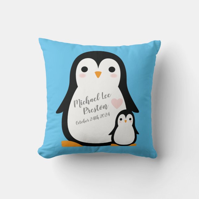 Coussin Petit Baby shower de pingouin bleu garçon (Recto)