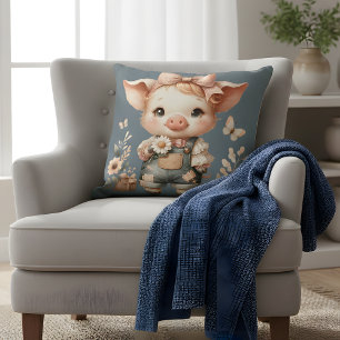 Coussin Petit Cochon Fantaisiste en Salopette Pastel Bleu
