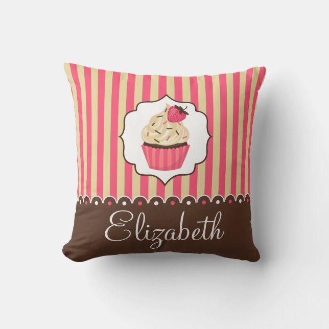 Coussin Petit gâteau mignon de rose et de brun avec le nom (Recto)