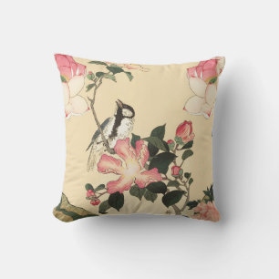 COUSSIN PETIT OISEAU AVEC ROSES PINK ET FLEURS DE LOTUS