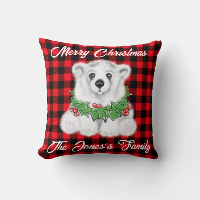 Coussin Petit ours d'ours polaire de Noël, couronne de bai (Recto)