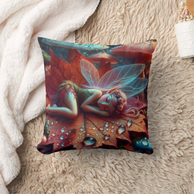 Coussin Petite Fée Fantaisiste Endormie sur une Feuille (Couverture)