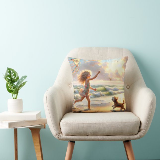 Coussin Petite Fille Avec Kite Sur Une Plage (Chaise)