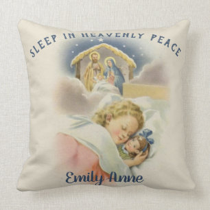 Coussin Petite fille de Noël religieux avec la poupée