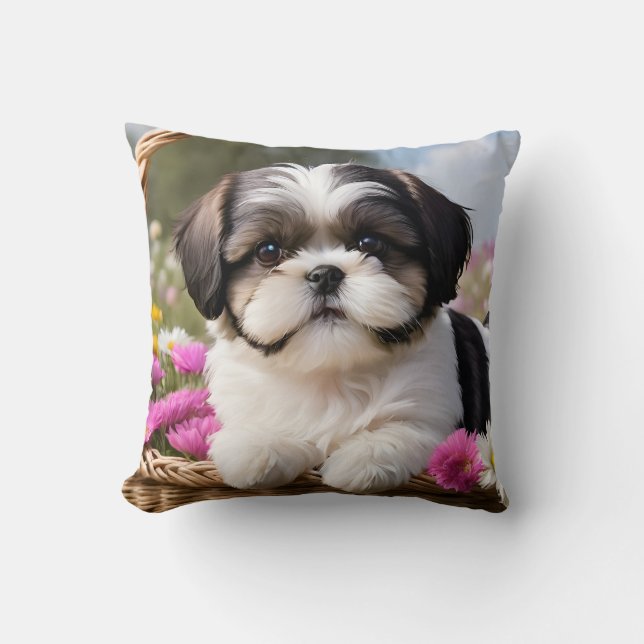Coussin Petite Tzu Chiot Panier Fleurs (Recto)