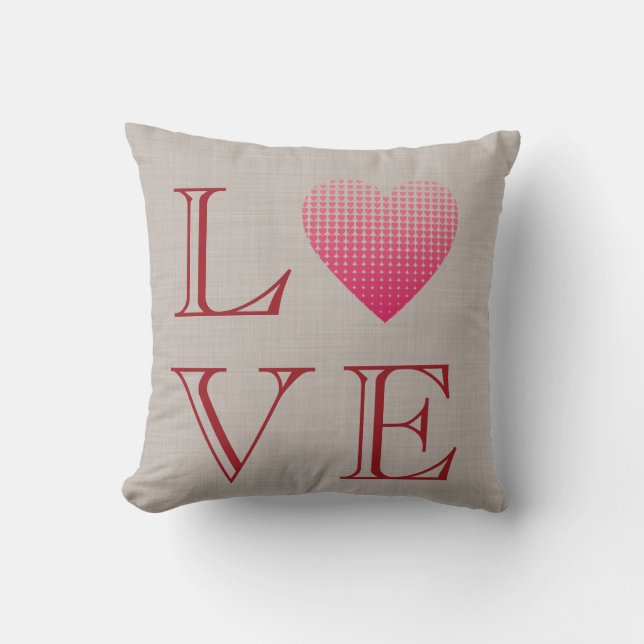 Coussin Petits coeurs roses Aimer lin gris rouge imprimé (Recto)