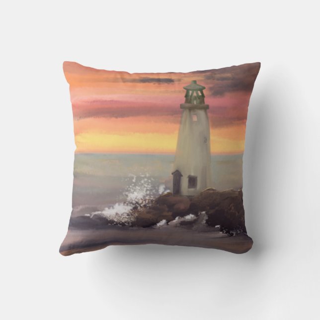 Coussin Phare Côtier Avec Ciel Rose Et Orange (Verso)