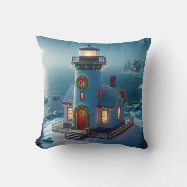 Coussin Phare de Noël, Décor de Noël côtier (Recto)