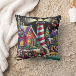 Coussin Phare de Noël Whimsical Rouge rose violet