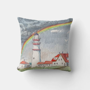 Coussin Phare rouge et blanc et arc-en-ciel