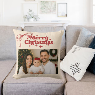 Coussin Photo beige noeud rouge dessiné à la main Noël