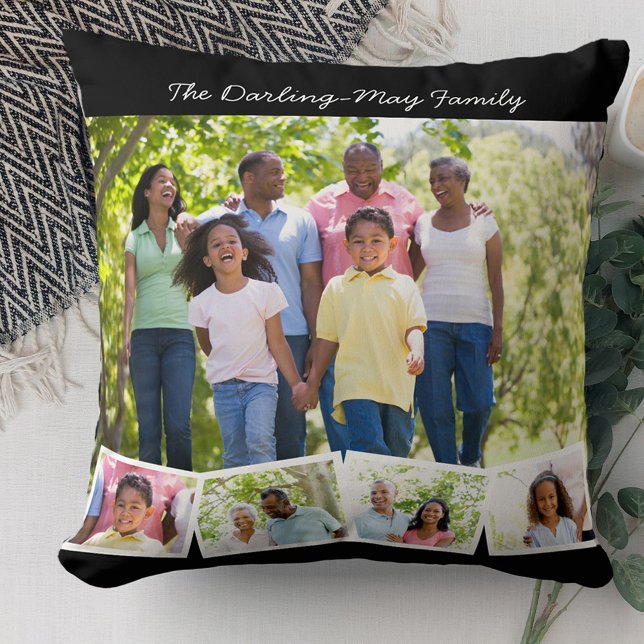 Coussin Photo Collage Nom de famille ZigZag Photo Strip Bl (Créateur téléchargé)