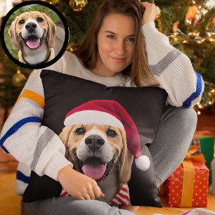 Coussin Photo de chien avec chapeau de Père Noël numérique