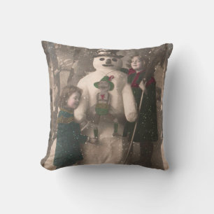 Coussin Photo de Christmas Girls et Snowman Vintage