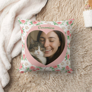 Coussin Photo de cœur personnalisé et floral aquarelle