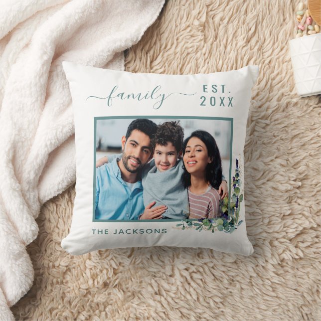 Coussin Photo de famille eucalyptus vert nom blanc (Couverture)