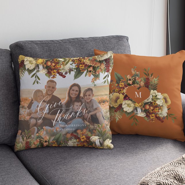 Coussin Photo de famille Thanksgiving merci automne floral (Créateur téléchargé)