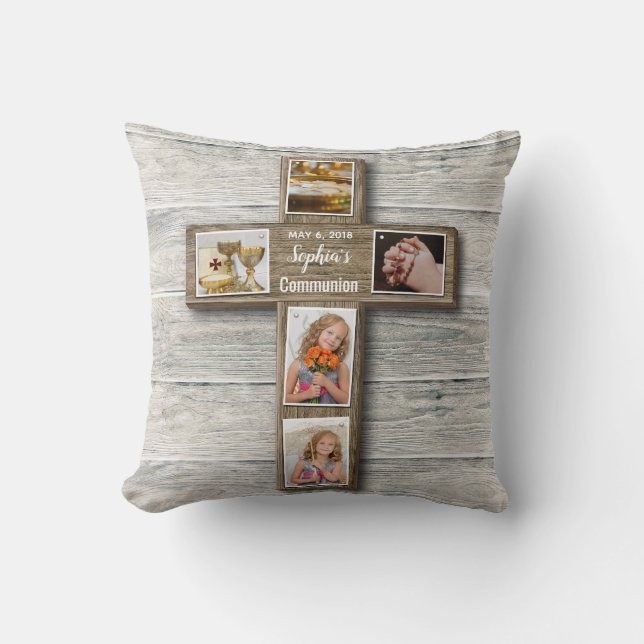 Coussin Photo de la première communion de Rustic Wood Cros (Recto)