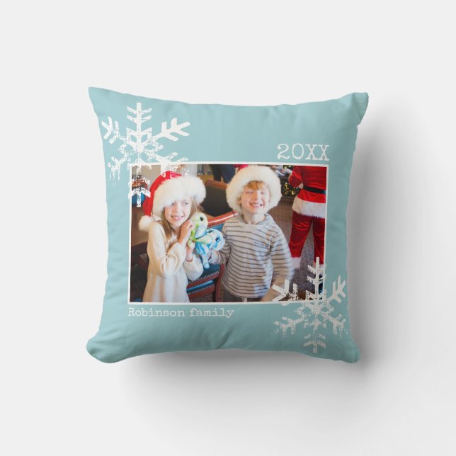 Coussin Photo de Noël bleu Aqua Flèches de neige désorgani (Recto)